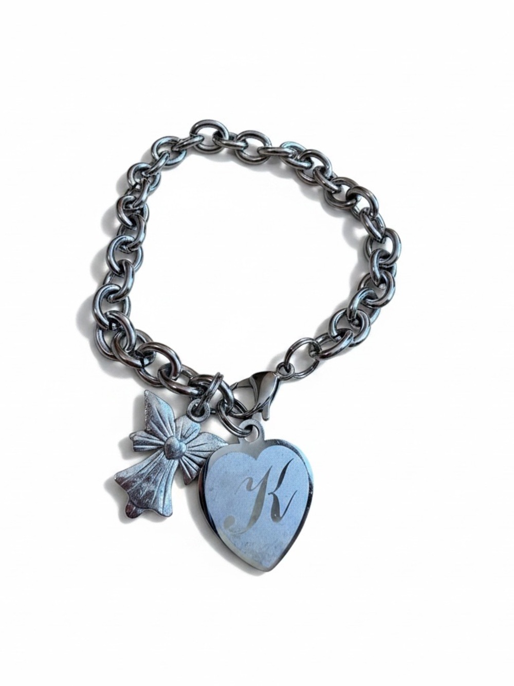 Silver-Tone Chunky Chain Bracelet with Engraved "K" Heart Charm and Angel Charm